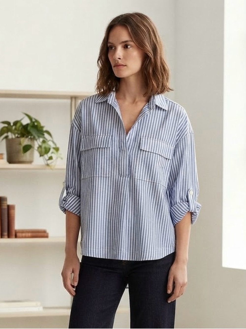 Max Studio Blue and White Striped Button-Down Shirt